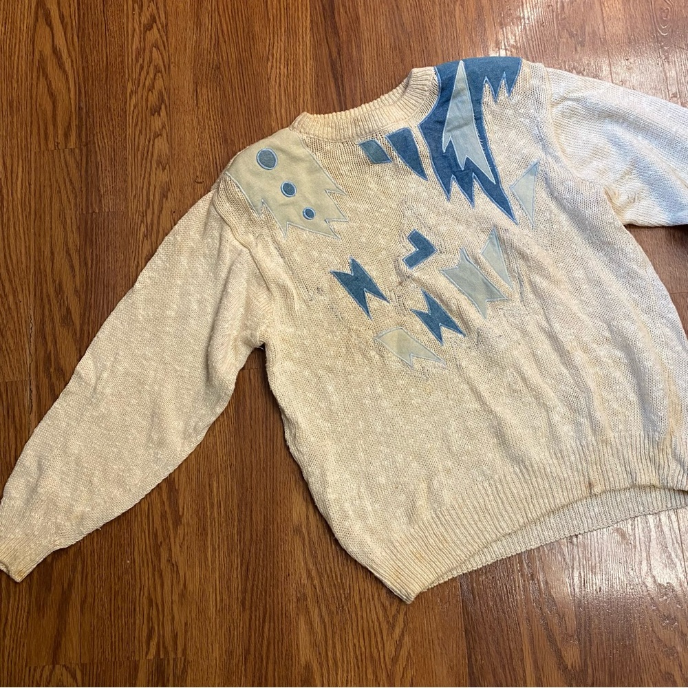 Vintage 80’s 90’s Bowie Knit Sweater Vintage Sweater Crew Neck Chambray Denim